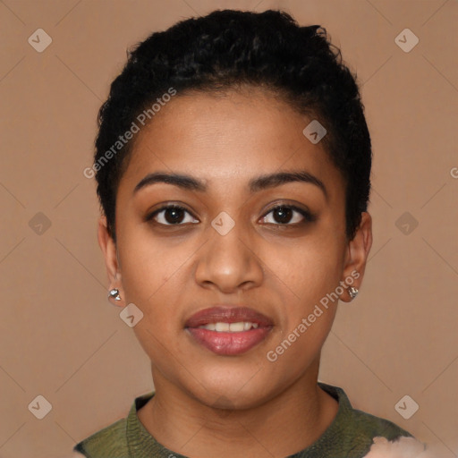 Joyful black young-adult female with short  black hair and brown eyes