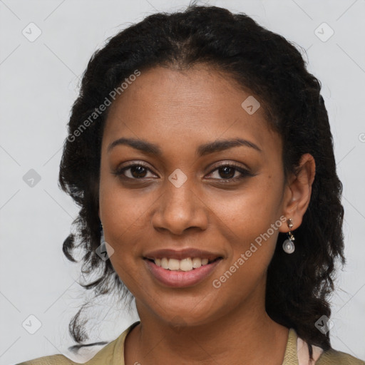 Joyful black young-adult female with medium  brown hair and brown eyes