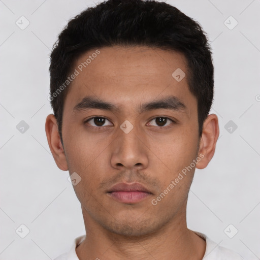 Neutral asian young-adult male with short  black hair and brown eyes