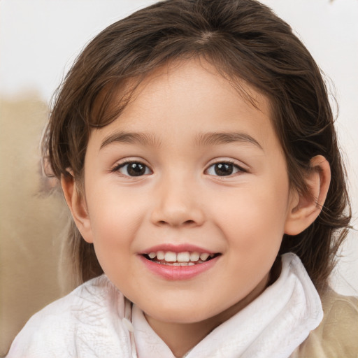 Joyful white child female with medium  brown hair and brown eyes