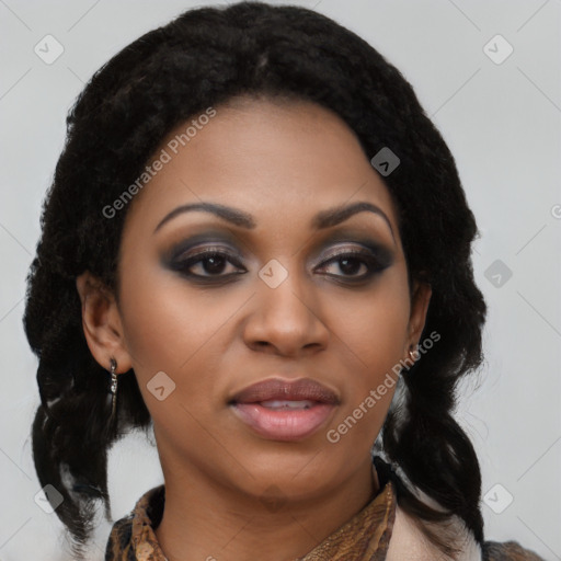 Joyful black young-adult female with medium  black hair and brown eyes