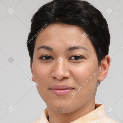 Joyful asian young-adult female with short  black hair and brown eyes