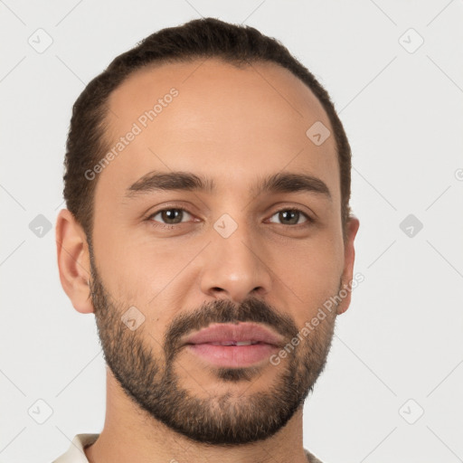 Joyful white young-adult male with short  brown hair and brown eyes