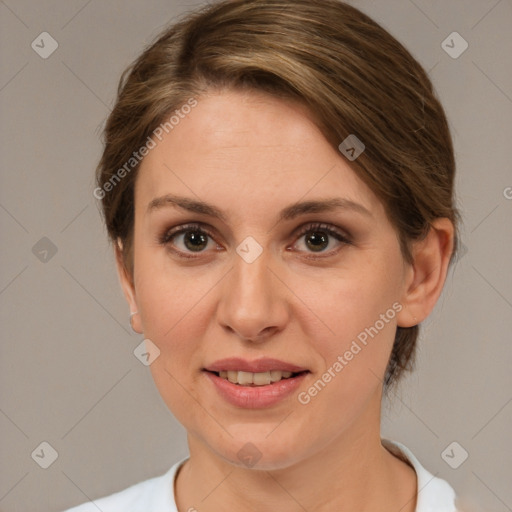 Joyful white adult female with medium  brown hair and brown eyes