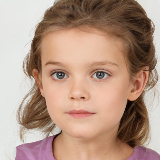 Neutral white child female with medium  brown hair and grey eyes