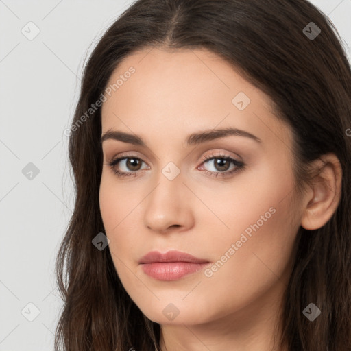 Neutral white young-adult female with long  brown hair and brown eyes