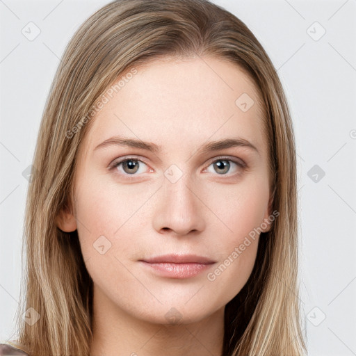 Neutral white young-adult female with long  brown hair and grey eyes