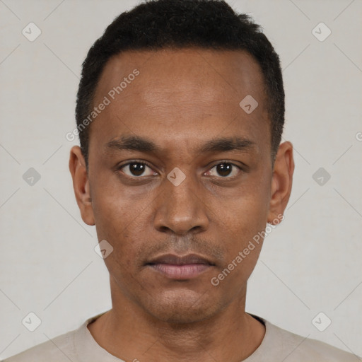 Neutral black young-adult male with short  black hair and brown eyes