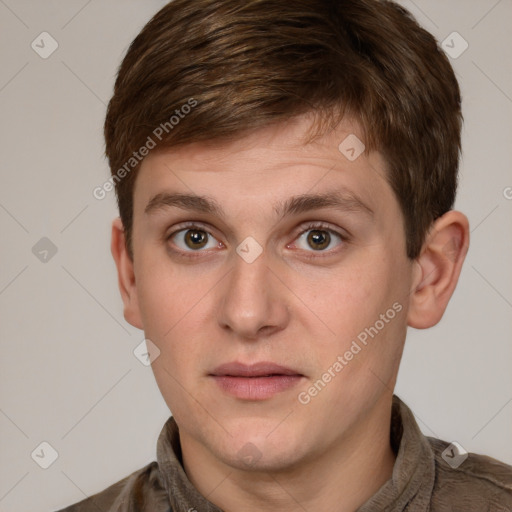 Neutral white young-adult male with short  brown hair and grey eyes