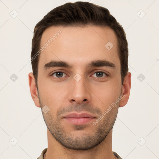 Neutral white young-adult male with short  brown hair and brown eyes