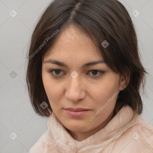 Neutral white young-adult female with medium  brown hair and brown eyes