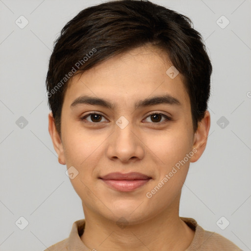 Joyful white young-adult female with short  brown hair and brown eyes