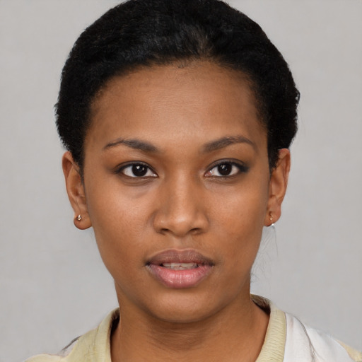 Neutral latino young-adult female with short  black hair and brown eyes