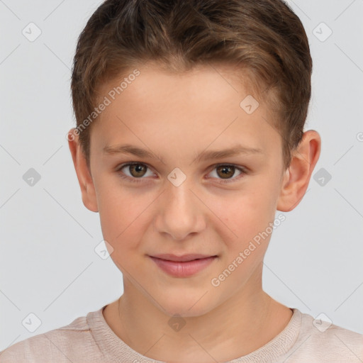 Joyful white child female with short  brown hair and brown eyes