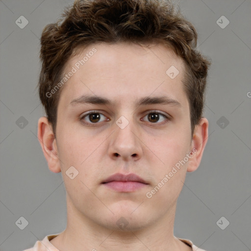 Neutral white young-adult male with short  brown hair and brown eyes