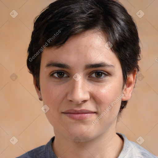 Joyful white young-adult male with medium  brown hair and brown eyes