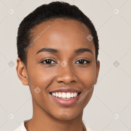 Joyful black young-adult female with short  brown hair and brown eyes