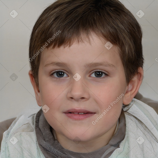 Joyful white child male with short  brown hair and brown eyes