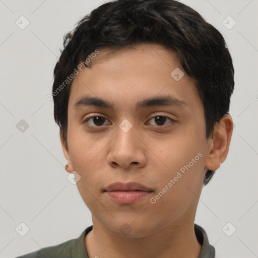 Neutral latino young-adult male with short  brown hair and brown eyes