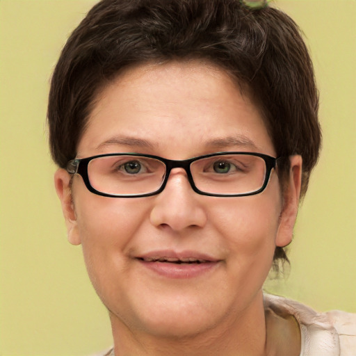 Joyful white adult female with short  brown hair and green eyes