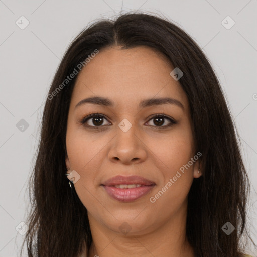 Joyful latino young-adult female with long  brown hair and brown eyes