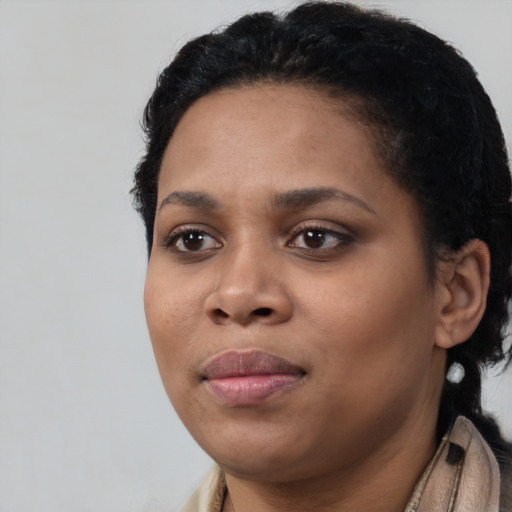 Joyful black young-adult female with long  black hair and brown eyes