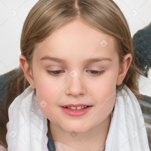 Joyful white child female with medium  brown hair and brown eyes