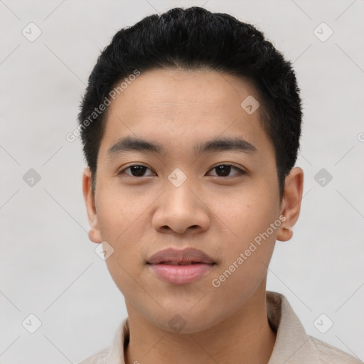 Joyful asian young-adult male with short  black hair and brown eyes