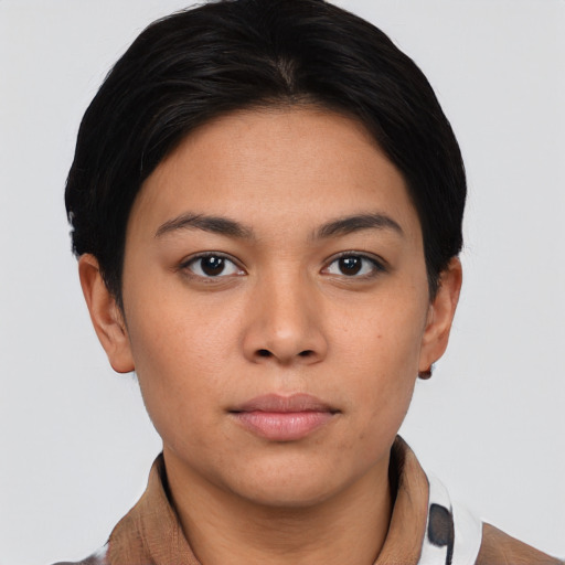 Neutral asian young-adult female with short  brown hair and brown eyes