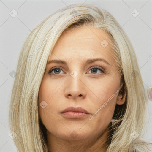 Neutral white young-adult female with long  brown hair and grey eyes