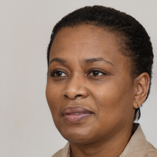 Joyful black adult female with short  black hair and brown eyes