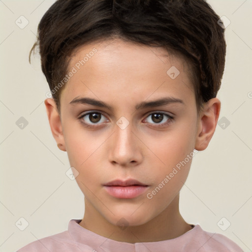 Neutral white young-adult female with short  brown hair and brown eyes