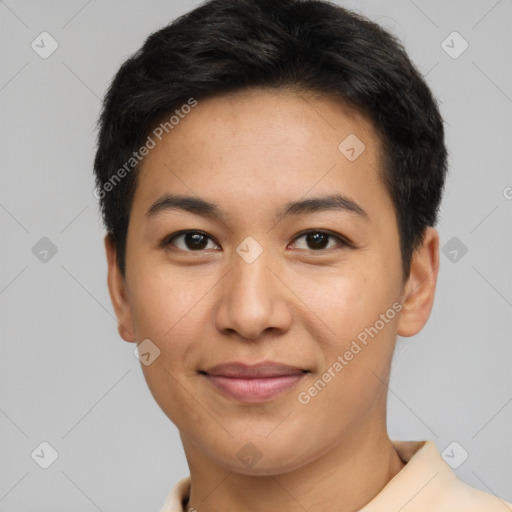 Joyful asian young-adult female with short  black hair and brown eyes