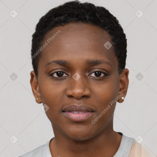 Neutral black young-adult female with short  black hair and brown eyes