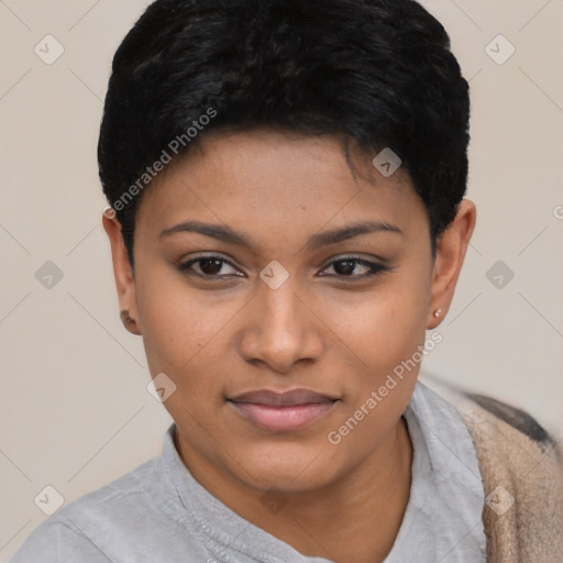 Joyful asian young-adult female with short  black hair and brown eyes