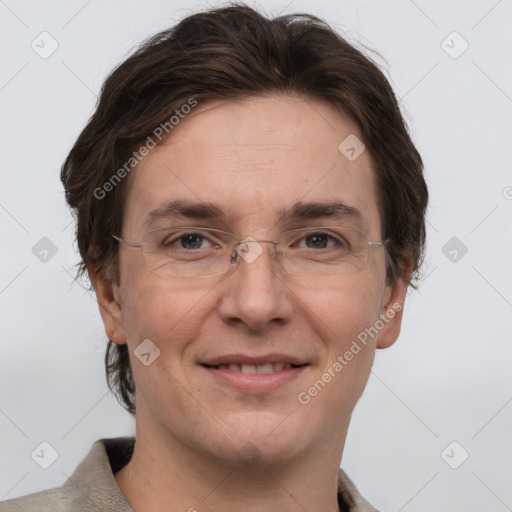 Joyful white adult female with short  brown hair and grey eyes