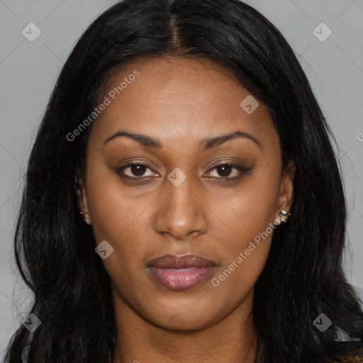 Joyful asian young-adult female with long  brown hair and brown eyes