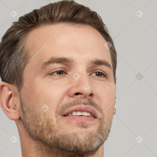 Neutral white adult male with short  brown hair and brown eyes