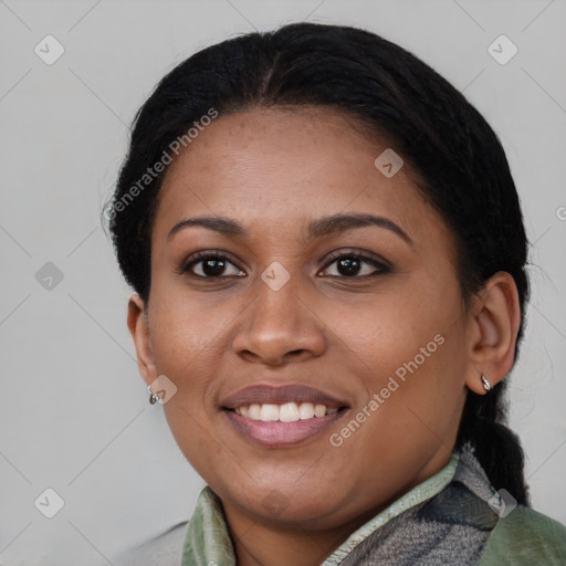 Joyful asian young-adult female with medium  black hair and brown eyes