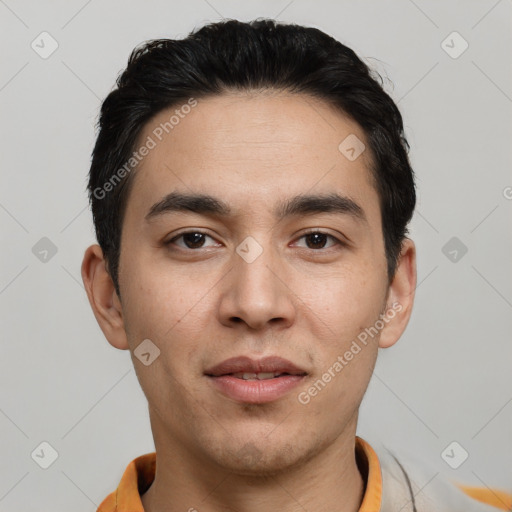 Joyful white young-adult male with short  black hair and brown eyes