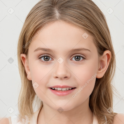 Joyful white child female with medium  brown hair and grey eyes