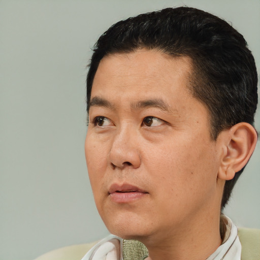 Neutral asian adult male with short  black hair and brown eyes