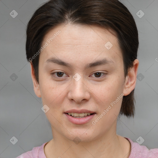 Joyful white young-adult female with short  brown hair and brown eyes