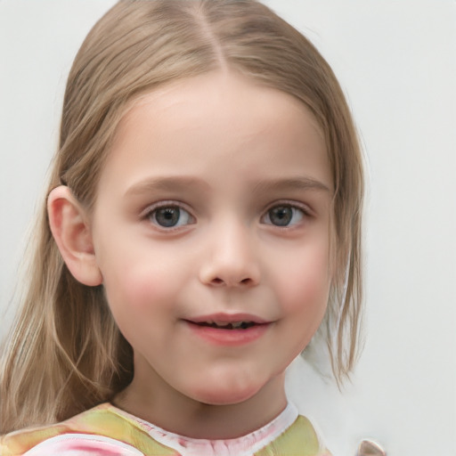 Neutral white child female with medium  brown hair and blue eyes