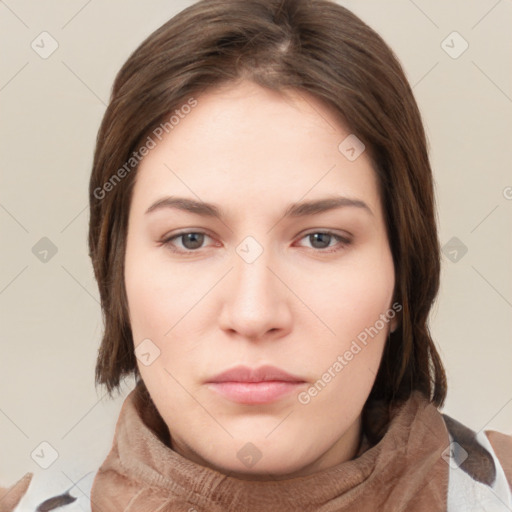 Neutral white young-adult female with short  brown hair and brown eyes