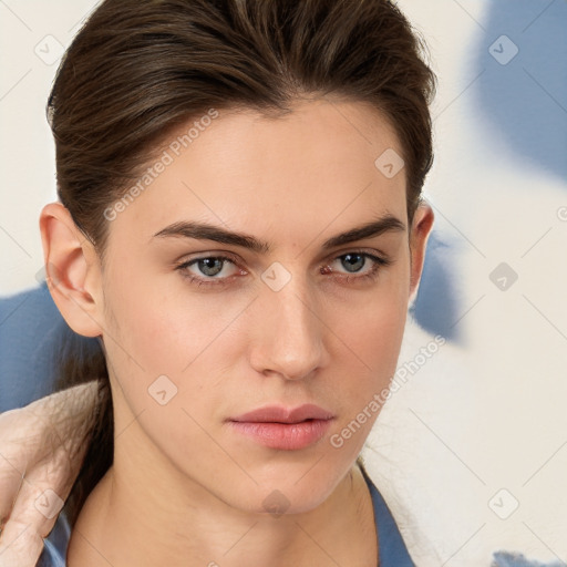 Neutral white young-adult female with medium  brown hair and brown eyes