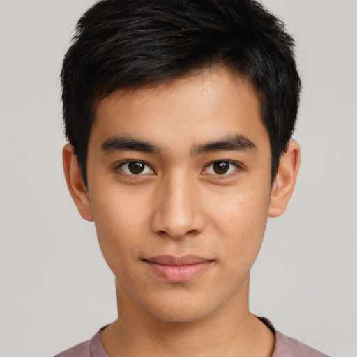 Neutral asian young-adult male with short  brown hair and brown eyes