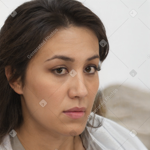 Neutral white young-adult female with medium  brown hair and brown eyes