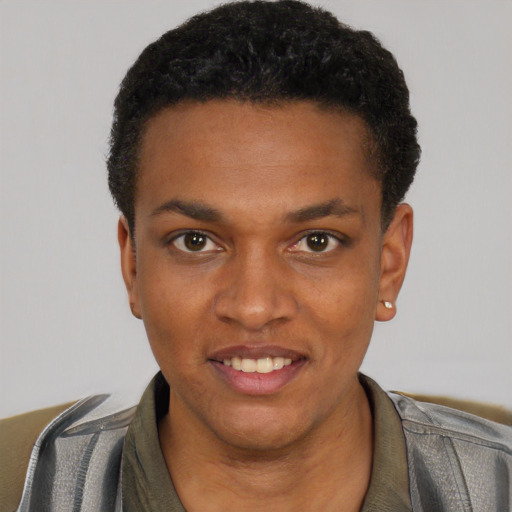 Joyful black young-adult male with short  black hair and brown eyes