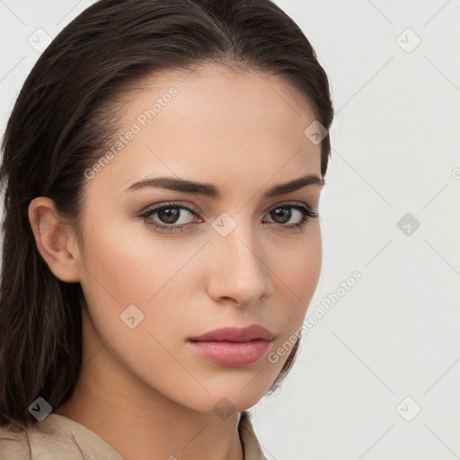 Neutral white young-adult female with long  brown hair and brown eyes